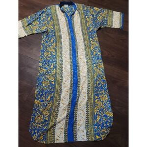 Vintage Ruth Norman Kaftan Dress Womens One Size Blue Floral Satin Neiman Marcus